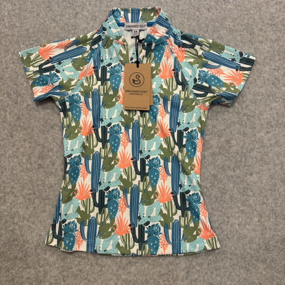 NWT Swannies Golf Mariah Polo Junior Cactus Print Quarter Zip Top Kids XS Y6-7‎